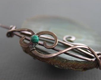 Hand Forged Copper Shawl Pin with Turquoise Stone