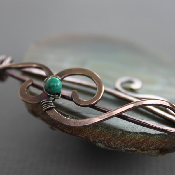 Unique copper shawl pin with turquoise stone, Cardigan clasp, Cape clip, Fibula, Brooch, Turquoise shawl pin, Unusual shawl pin SP103