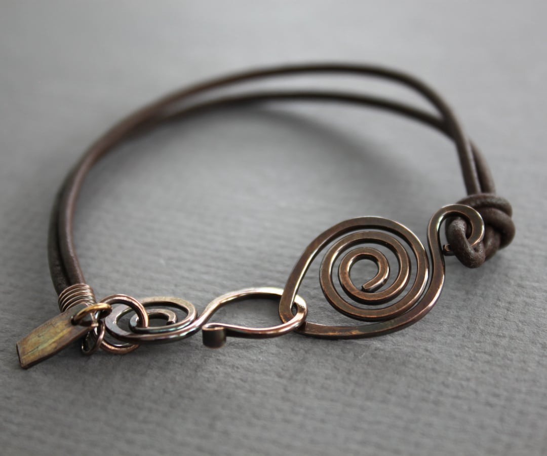 Brown Leather Copper Bracelet With a Swirl Connector, Rustic Bracelet ...
