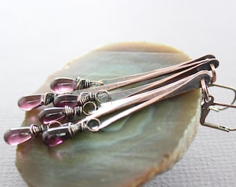 Long Stick Chandelier Earrings: Red Czech Glass Drops, Bar Earrings