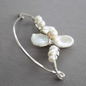 Dressy silver shawl pin with white pearls, Bridal shawl pin, Petal design shawl pin, Luxurious pin, Flower shawl pin, Statement pin SP065 image 2