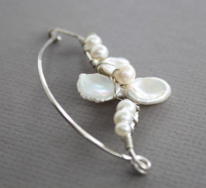 Dressy silver shawl pin with white pearls, Bridal shawl pin, Petal design shawl pin, Luxurious pin, Flower shawl pin, Statement pin SP065 image 2