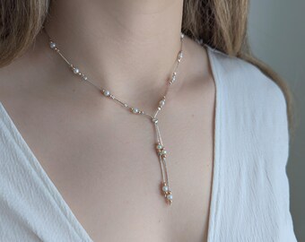 Sterling silver Y-style lariat necklace with white fresh water pearls on chain