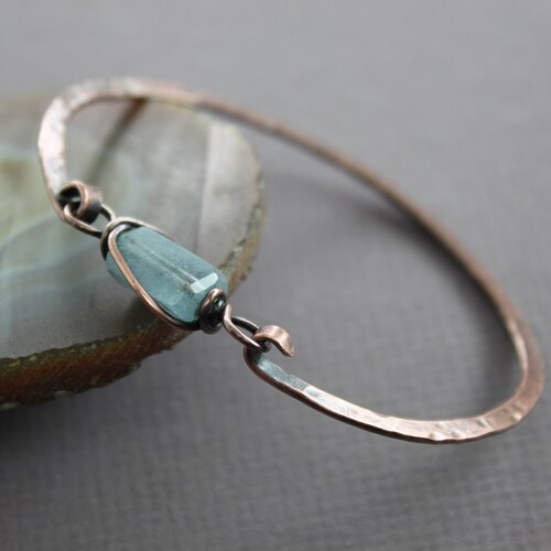 Copper Bangle Bracelet With Aquamarine Nugget Stone Etsy