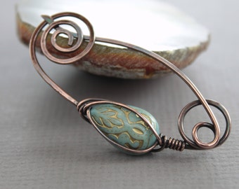 Shawl pin with mint color acrylic drop bead, Scarf pin, Crochet accessory, Fibula, Beaded shawl pin, Copper brooch - SP002