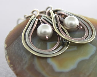 Mixed Metal Cascade Earrings: Swarovski Pearl Dangle Earrings