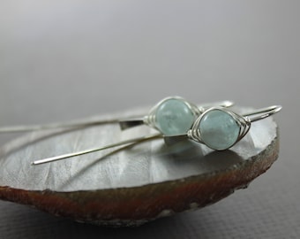 Aquamarine Sterling Silver Threader Earrings: Long Wire Gemstone Jewelry