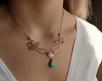 Art Nouveau copper necklace with turquoise stone, Gemstone necklace, Statement necklace, Rustic necklace, Metal necklace - NK085