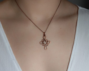 Celtic cross copper necklace, Wire cross necklace, Cross pendant, Religious necklace, Gemstone sterling silver cross pendant - NK096