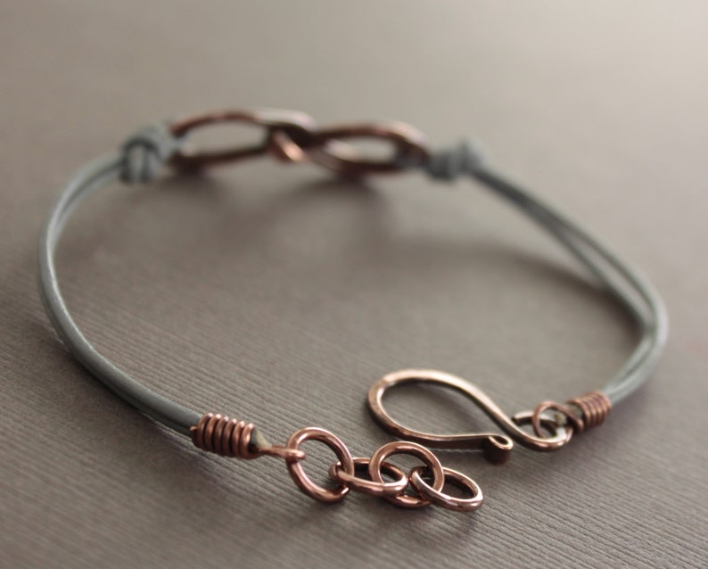 Unisex Double Infinity Copper Bracelet With Gray Leather Wrap Etsy