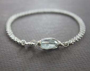 Dainty Aquamarine Bracelet: Sterling Silver Chain, Minimalist Jewelry