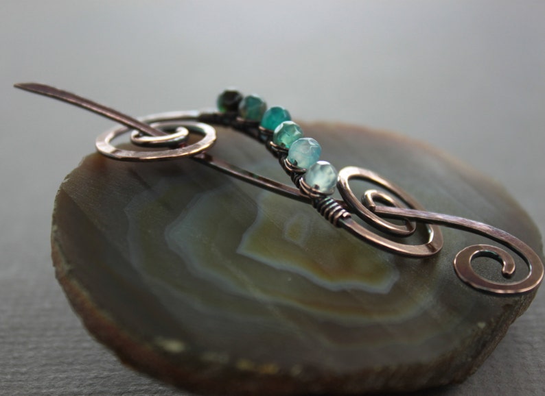 Ombre blue shawl pin with small agate stones, Ombre shawl pin, Gemstone pin, Mix color shawl pin, Scarf pin, Cardigan clip SP021 image 2