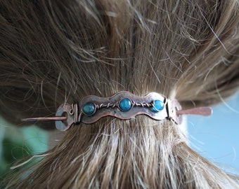 Copper bun holder with blue apatite stones, Hair cuff, Hair slide, Hair accessory, Hair pin, Pony tail clip, Hair barrette - HP051