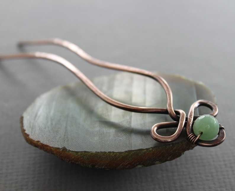 Celtic knot hair fork pin with green aventurine stone, Gemstone hair fork, Hair pin, Celtic hair stick, Hair accessory HP015 image 1
