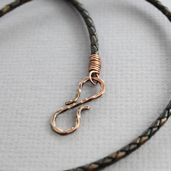 Antique brown braided leather cord necklace, Leather choker, Brass Copper Sterling silver clasp, Simple leather cord necklace - LNC02