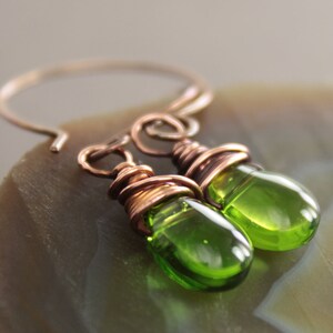 Apple green glass copper earrings Dangle earrings Drop earrings Dainty short earrings ER057 image 2