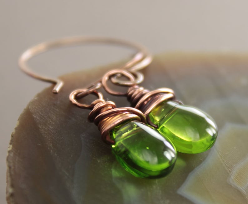 Apple green glass copper earrings Dangle earrings Drop earrings Dainty short earrings ER057 image 2