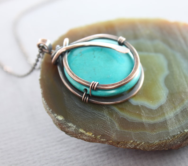 Turquoise copper pendant on chain, Round pendant, Copper necklace, Gemstone necklace, Turquoise necklace NK018 image 3