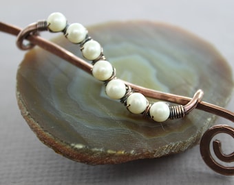 Copper Cardigan Clasp with White Freshwater Pearls: Vine Shawl Pin