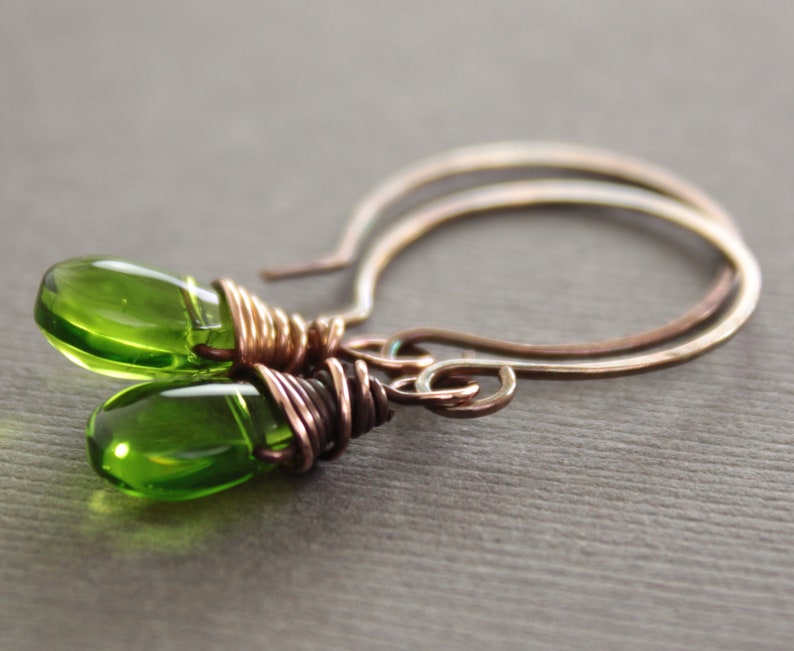 Apple green glass copper earrings Dangle earrings Drop earrings Dainty short earrings ER057 image 3