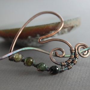 Heart Shawl Pin: Copper Knitting Clasp with Green Amethyst