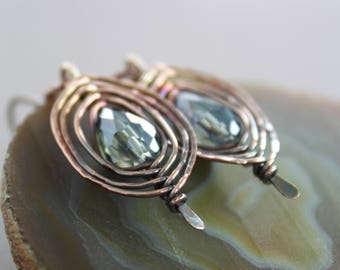 Rustic Copper Woven Crystal Dangle Earrings: Ombre Gray Drops