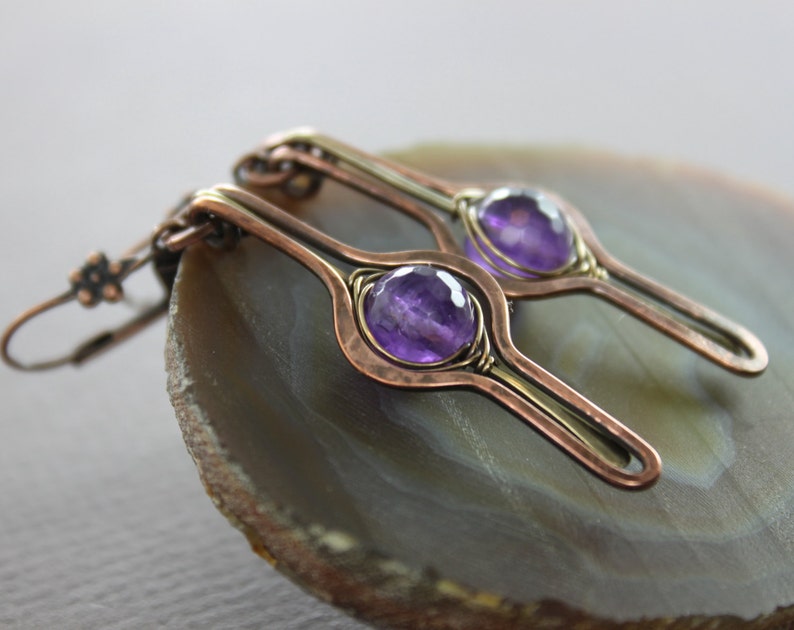 Dangle earrings Amethyst earrings Long earrings Mix metal long bar earrings with herringbone wrapped amethyst stone ER031