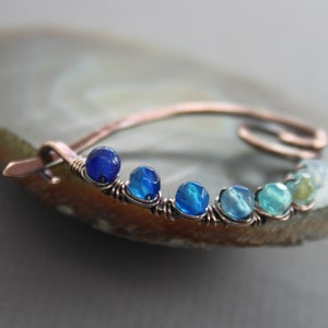 Arch scarf pin or shawl pin with ombre blue agate stones, Copper fibula, Cardigan clasp, Safety pin, Gemstone shawl pin, Metal pin - SP039