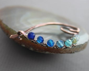 Arch scarf pin or shawl pin with ombre blue agate stones, Copper fibula, Cardigan clasp, Safety pin, Gemstone shawl pin, Metal pin - SP039