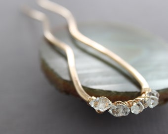 Golden bronze hair fork with herkimer diamond stones, Crystal pin, Bridal hair pin, Hair accessory, Hair stick, Metal hair pin - HP072