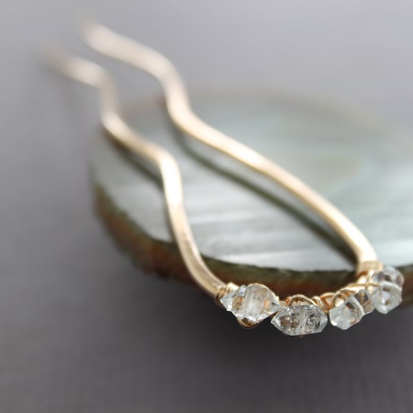 Golden bronze hair fork with herkimer diamond stones, Crystal pin, Bridal hair pin, Hair accessory, Hair stick, Metal hair pin - HP072