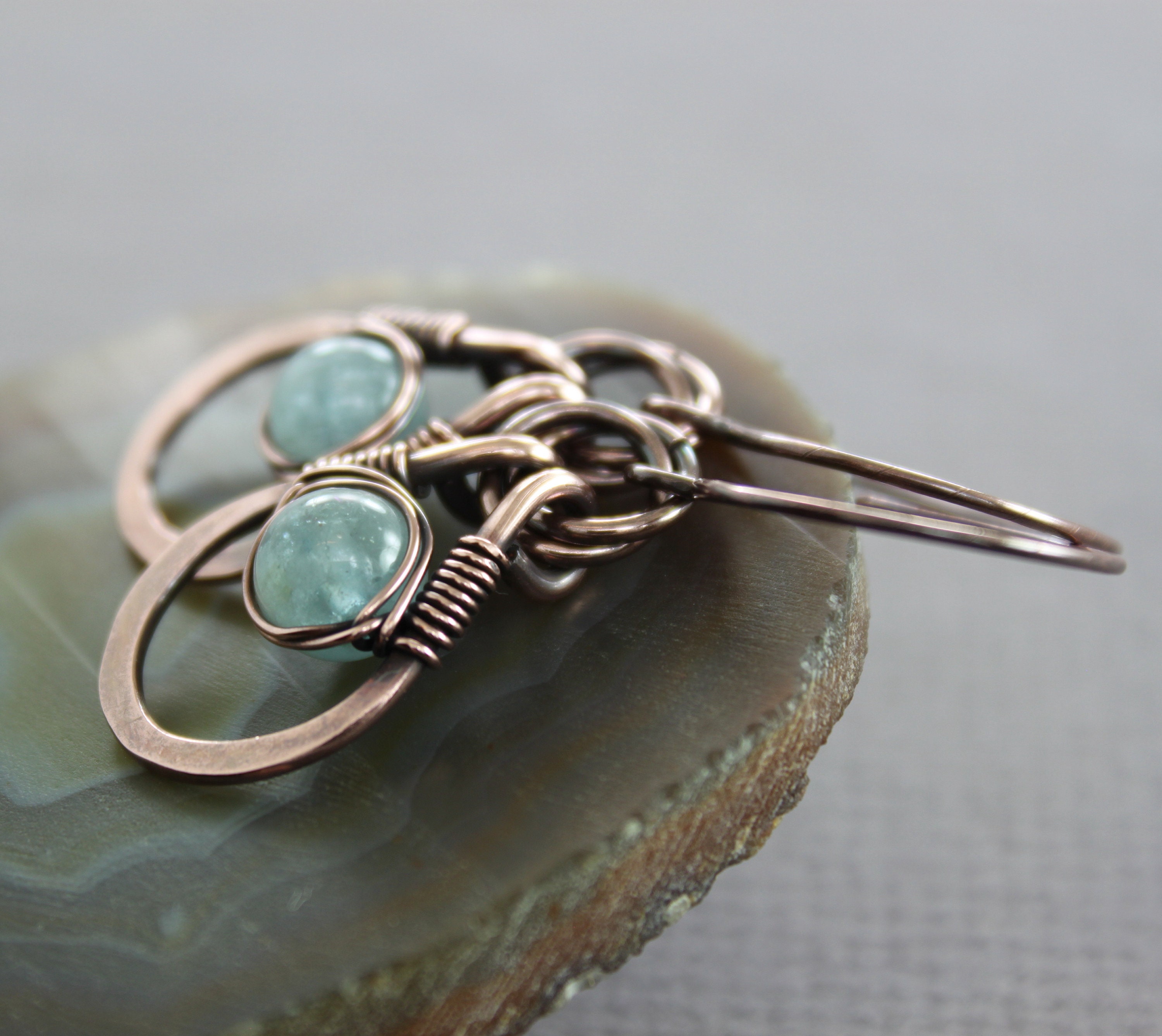Aquamarine Dangle Earrings Copper Earrings Metal Earrings | Etsy