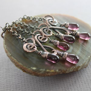 Copper Chandelier Earrings: Purple Czech Glass Teardrops, Boho Statement Jewelry