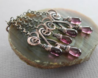 Copper Chandelier Earrings: Purple Czech Glass Teardrops, Boho Statement Jewelry