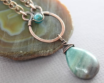 Rustic Copper Necklace: Teal Jasper Briolette, Apatite Accent