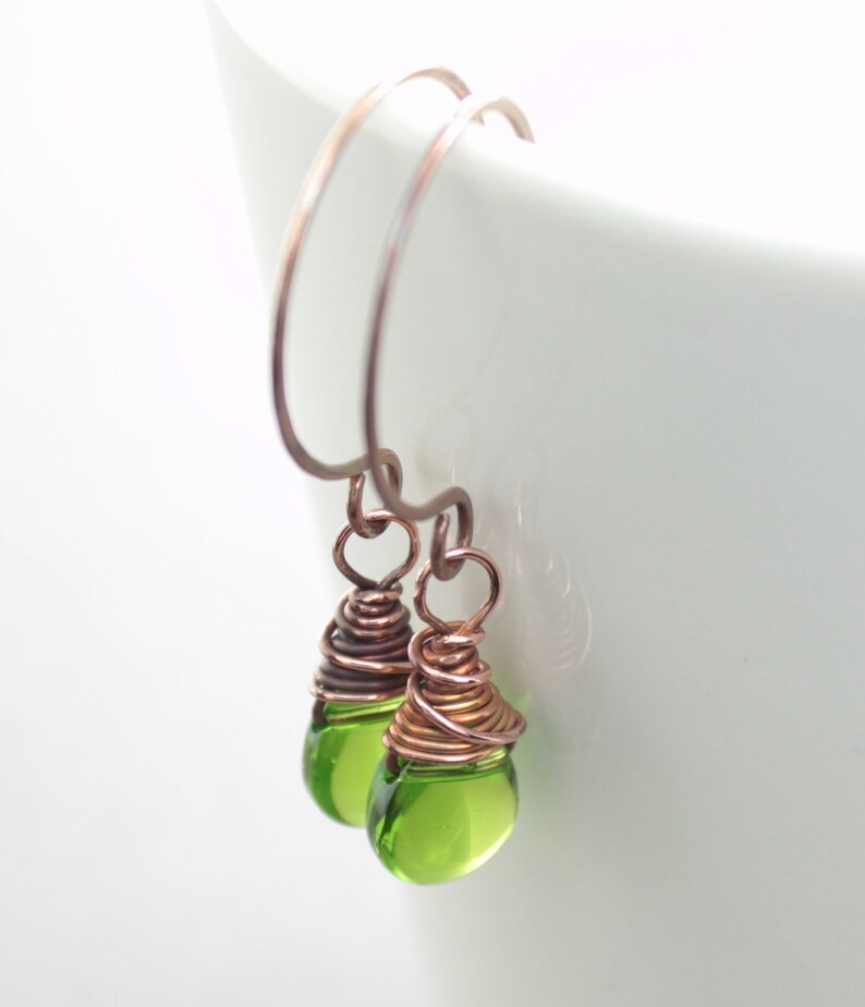 Apple green glass copper earrings Dangle earrings Drop earrings Dainty short earrings ER057 image 4