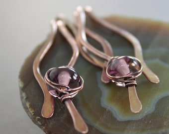 Wavy Copper Dangle Earrings: Amethyst Lampwork Glass Cascade