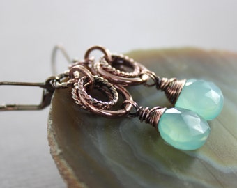 Drop chalcedony earrings, Dangle earrings, Gemstone earrings, Copper earrings,  Trendy earrings, Rustic earrings,  Long earrings - ER025