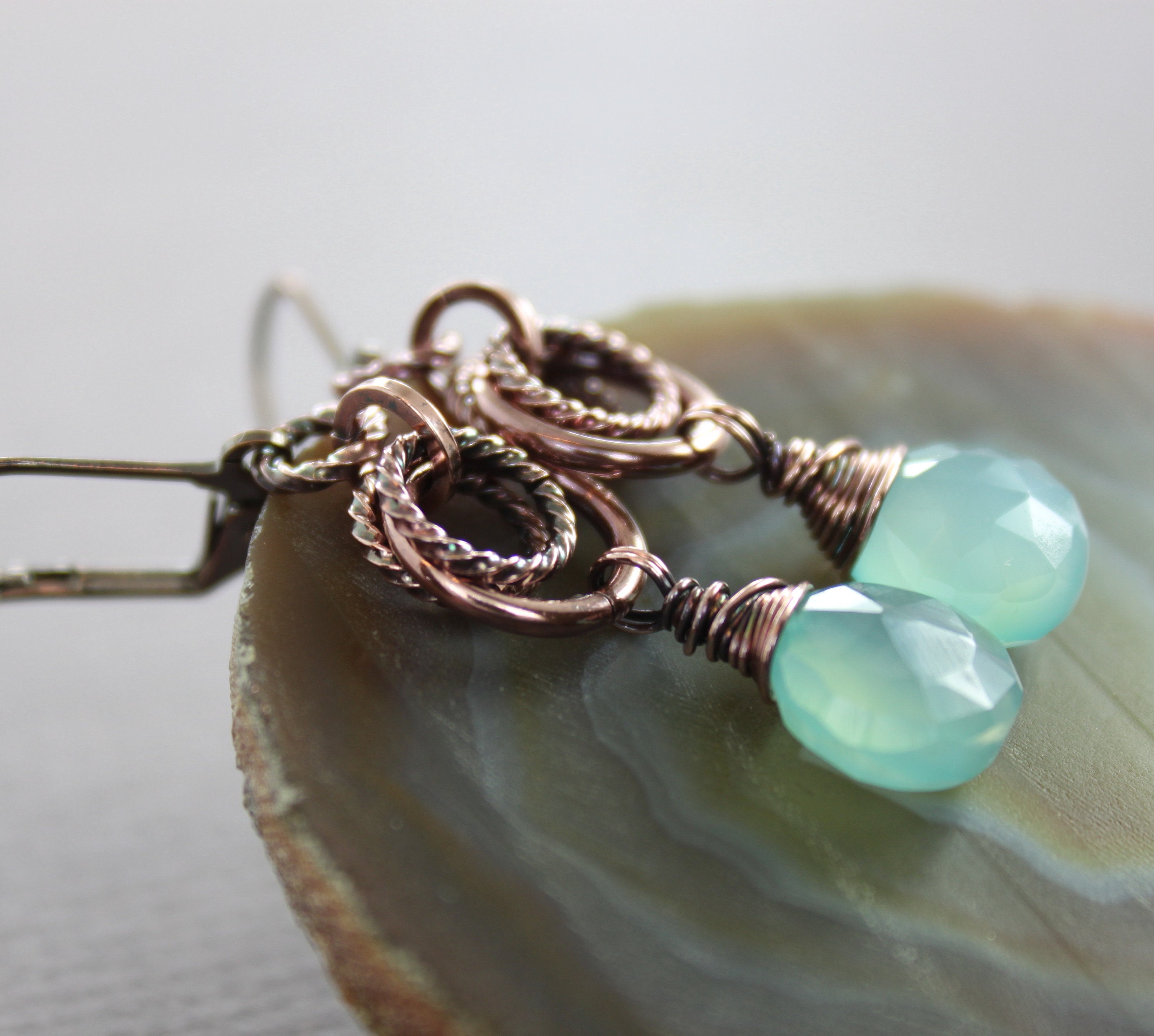 Drop chalcedony earrings, Dangle earrings, Gemstone earrings, Copper …