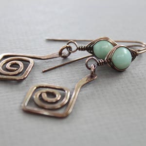 Artisan Greek spirals copper earrings with herringbone wrapped amazonite stones Threader earrings Statement earrings ER016 image 2