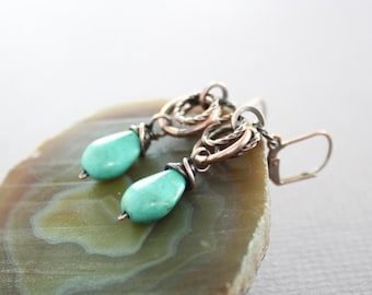 Turquoise Drop Earrings: Oxidized Copper Dangle Gemstone Earrings
