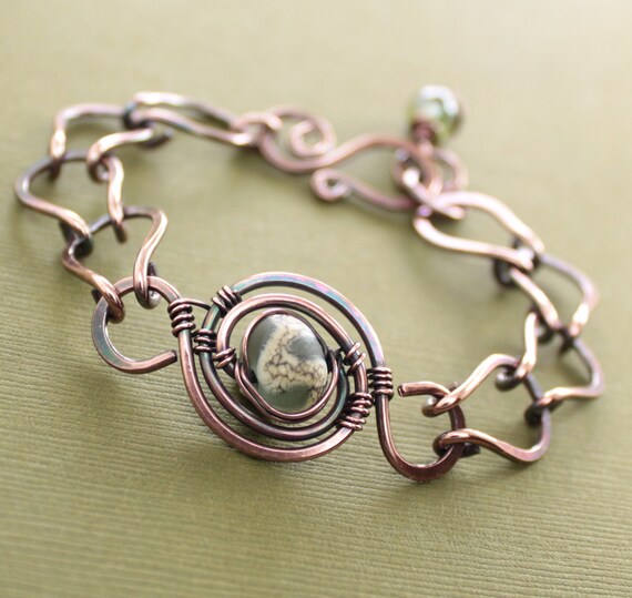 Items similar to Lampwork copper bracelet with a handmade chain in ...