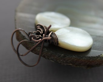 Copper Dangle Earrings: Mother of Pearl Briolettes, Simple Bridal Jewelry