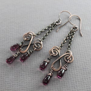 Chandelier earrings with purple Czech glass teardrops Copper earrings Long earrings Boho earrings Statement earrings ER054 image 5