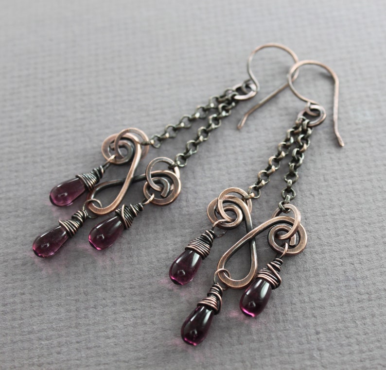 Chandelier earrings with purple Czech glass teardrops Copper earrings Long earrings Boho earrings Statement earrings ER054 image 5