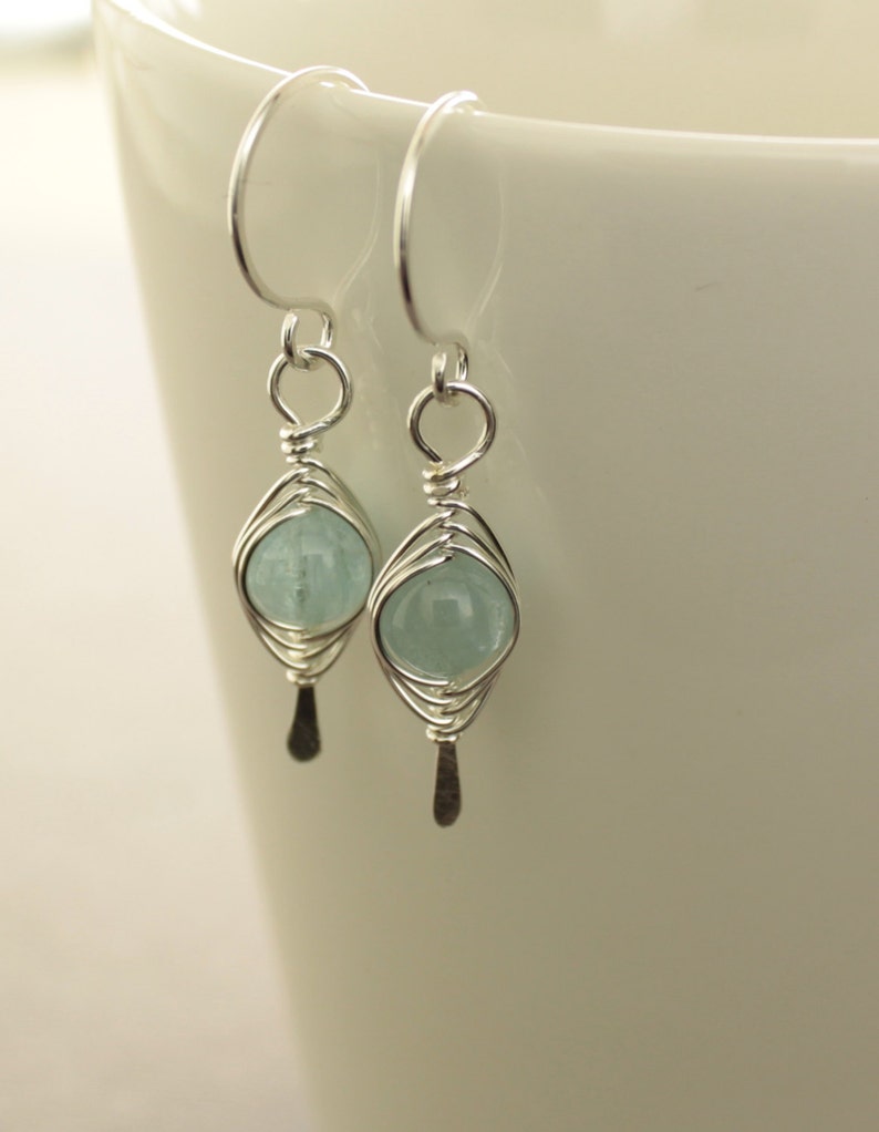 Sterling silver earrings with aquamarine stones, Aquamarine earrings, Short earrings, Dangle earrings, Gemstone earrings ER002 image 5