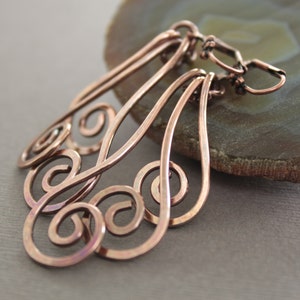 Long Copper Chandelier Earrings: Oxidized Spiral Dangle Earrings