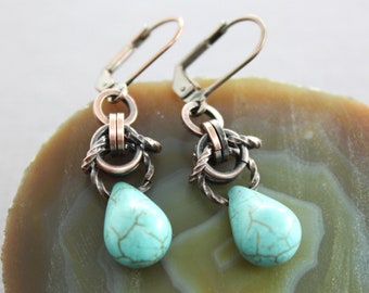 Turquoise Drop Earrings: Copper Chainmaille Dangle Earrings