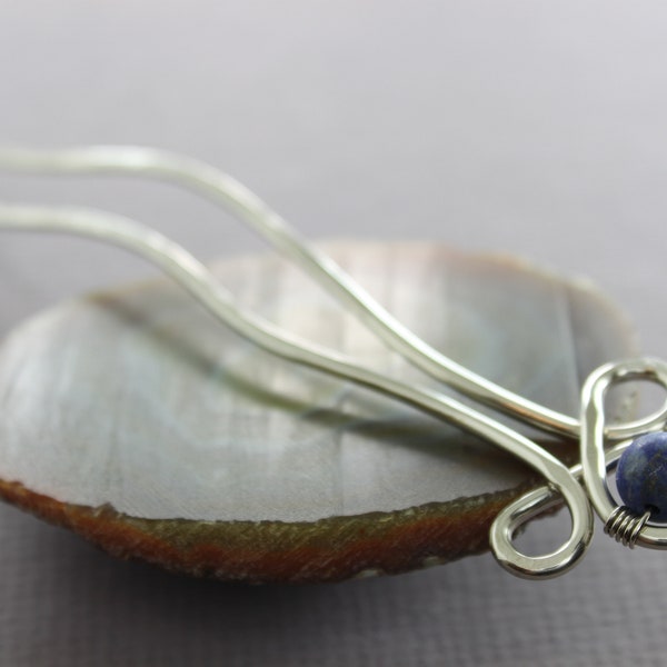 Celtic knot silver hair fork pin with lapis lazuli stone, Lapis hair pin, Celtic hair pin, Hair accessory, Hair slide, Hair jewelry - HP046