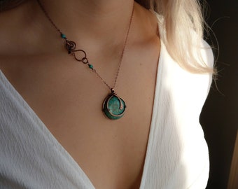 Turquoise copper pendant on chain, Round pendant, Copper necklace, Gemstone necklace, Turquoise necklace - NK018